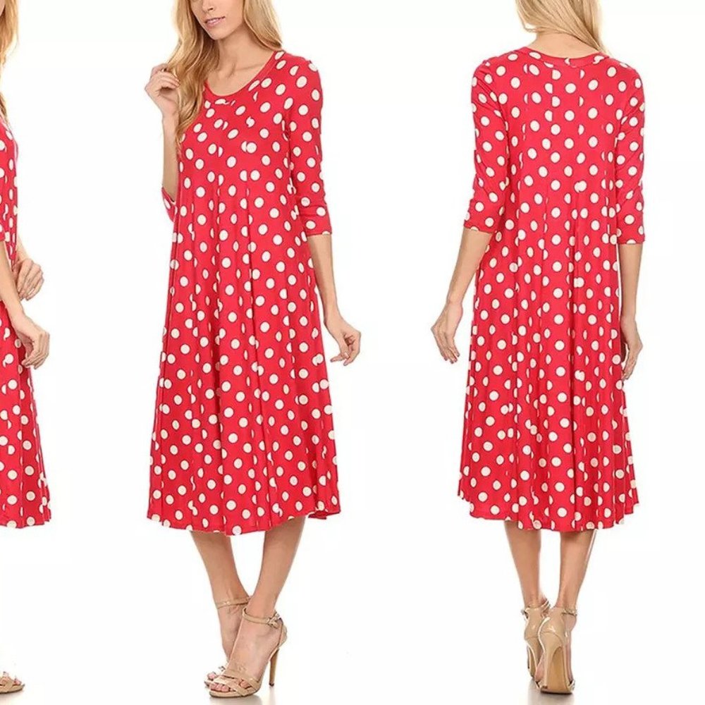 Polka-Dot Print 3/4 Sleeve A-Line Midi Dress